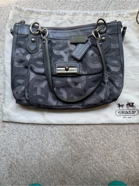 Coach Gray Signature Jacquard Shoulder Bag with Leather Trim